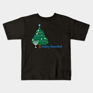 Happy Hanukkah Greeting with Hanukkah Tree and Menorah Kids T-Shirt